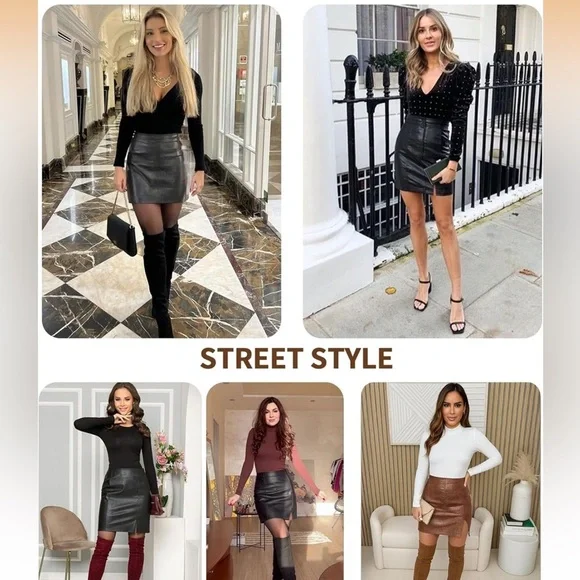 High Waist Bodycon Mini Short Faux Leather Skirt with Slit - Picture 5 of 12